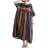 ENGLUCK Women's Plus Size Dresses with Pockets Colorful Striped Print Summer Midi Oversized Loose Dress