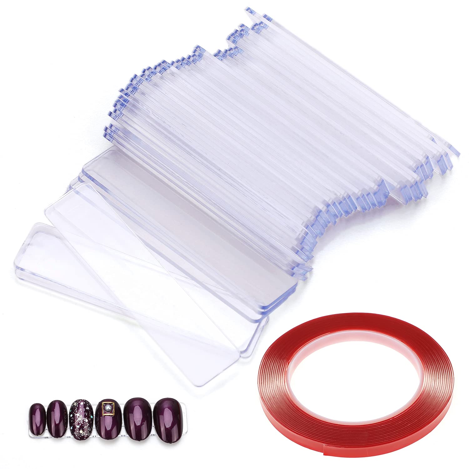 MWOOT 48PCS Nail Art Display Stand Holder with 5M Removable Double Sided Mounting Tape,Transparent Nail Practice Holder Acrylic Fake Nails Showing Stand for DIY Nail Salon