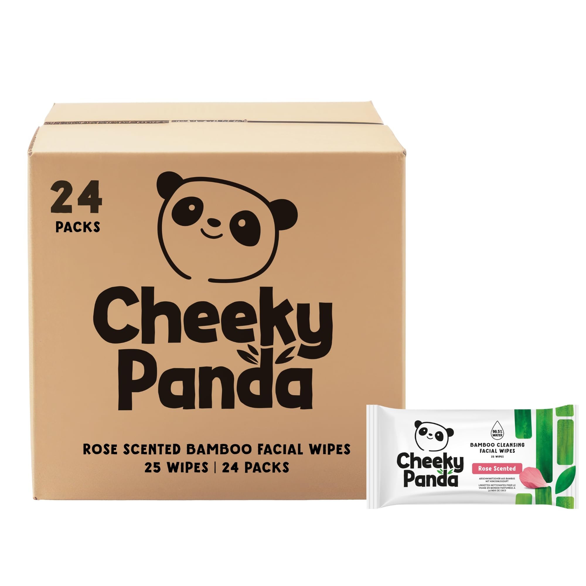 The Cheeky Panda – Facial Wipes, Rose Scented | Bulk Box of 24 Packs (25 Wipes per Pack, 600 Wipes Total) | Make Up Remover, Hypoallergenic, Eco-Friendly, Super Soft, Kind to Skin & Sustainable