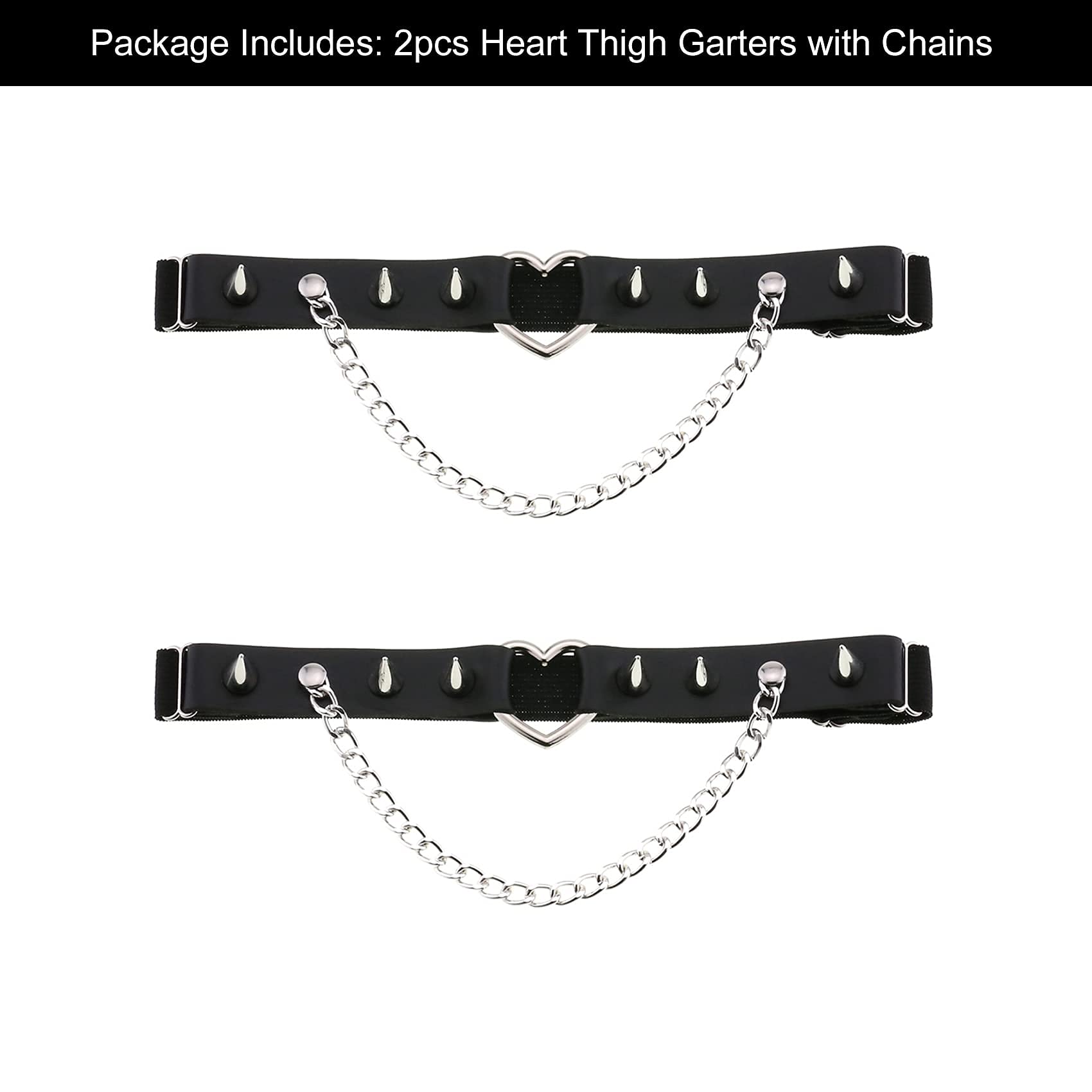 alisikee 2PCs Adjustable Heart Leg Garter Belt with Chain, Elastic Spike Rivet Thigh Garters for Women Parties