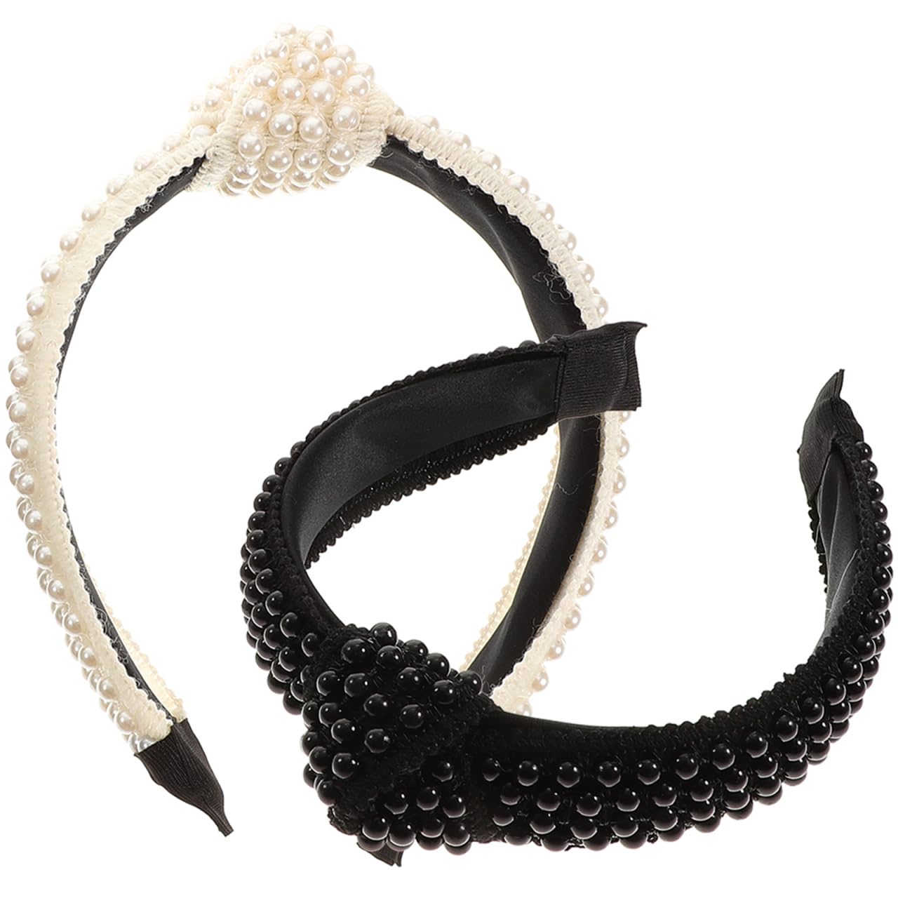 Lurrose 2pcs Pearl Knotted Headbands Wide Bride Hair Hoops Elegant Pearls Hairbands for Women Girls (White and Black)