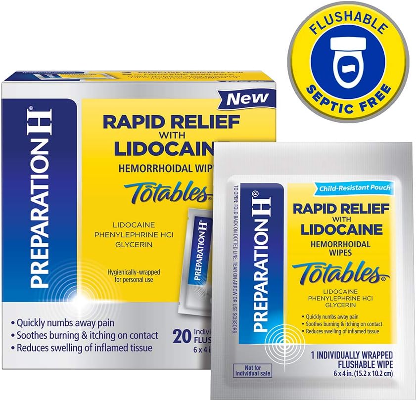 Preparation H Rapid Relief with Lidocaine Hemorrhoid Symptom Treatment Flushable Wipes, Numbing Relief for Pain, Burning and Itching, Reduces Swelling, 10 Count Box: Health & Personal Care