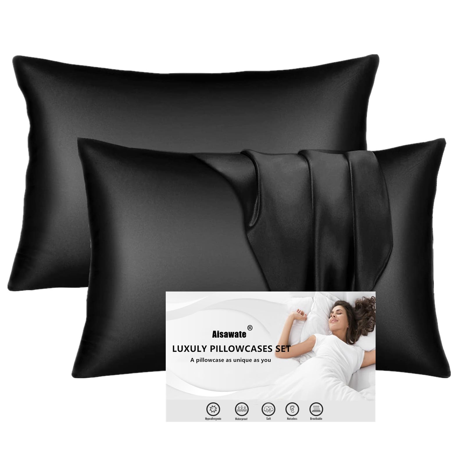 2 Pack Satin Pillowcase for Hair and Skin - Softer Than Silk - Black Satin Pillowcases Anti Wrinkle and Stain Resistant - Standard Pillow Cases Cover with Envelope Closure (51x76cm)