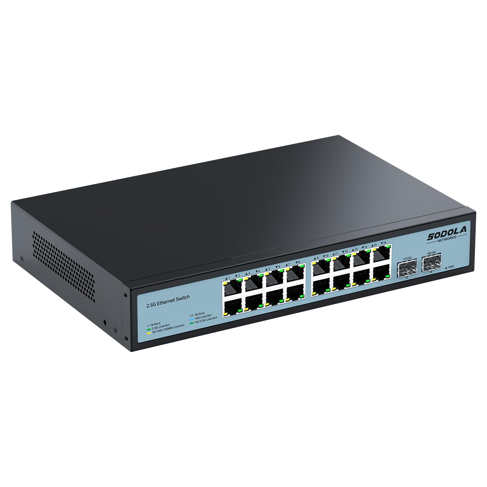 Photo 1 of SODOLA 16 Port 2.5Gb Switch Umanaged,16X 2.5GBASE-T Ports,2X 10G SFP, 120Gbps Switching Capacity,Port Isolation,/1U Rack-Mount/Fanless/Plug & Play Multi-Gig Unmanaged Network Switch