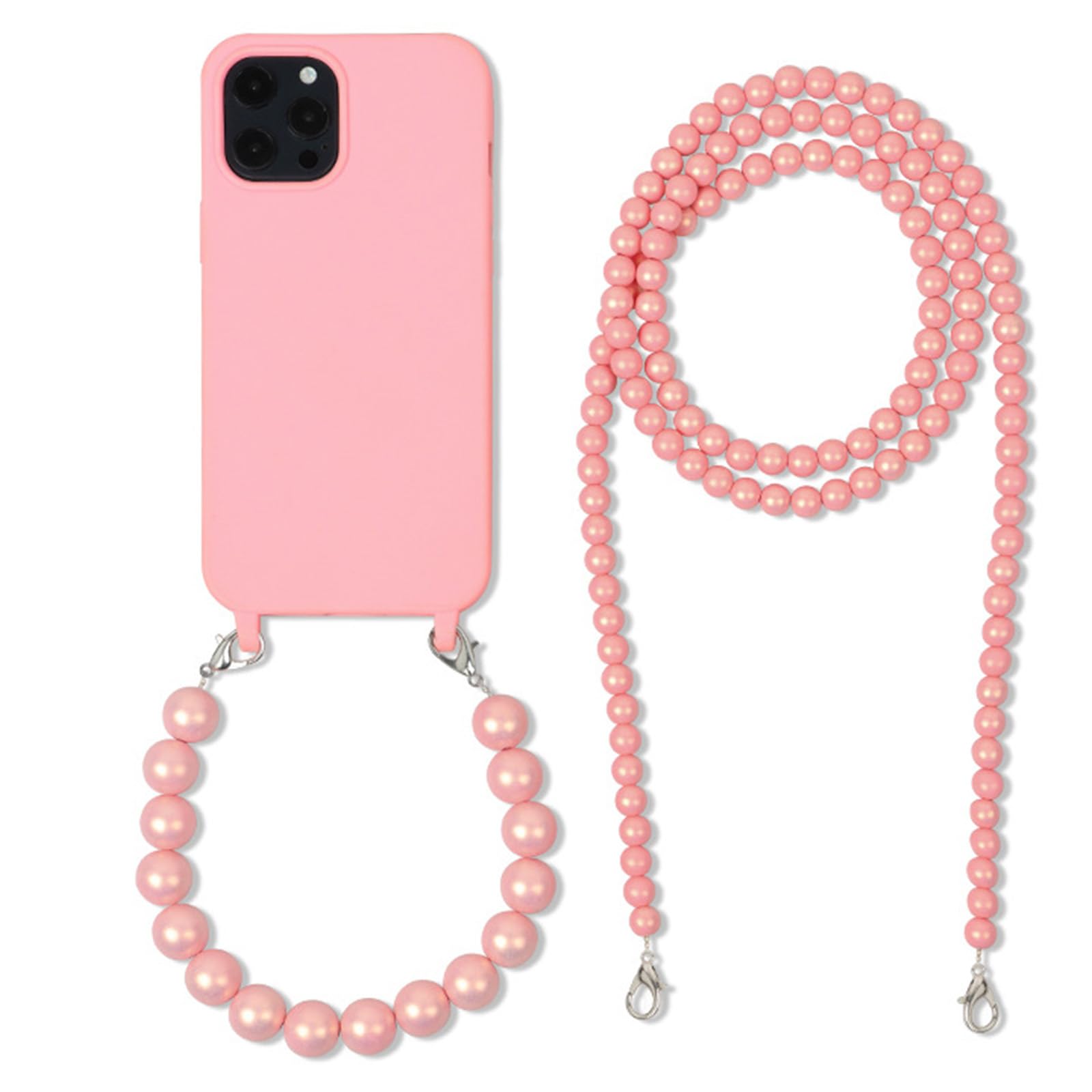 FIFTHAVE Mobile Phone Chain Mobile Phone Case iPhone 15 Pro with Beads Bracelet Necklace Case with Strap, Chain Pearl TPU Protective Case for iPhone 15 Pro 6.1 Inch Silicone Case Cord Lanyard Bumper,