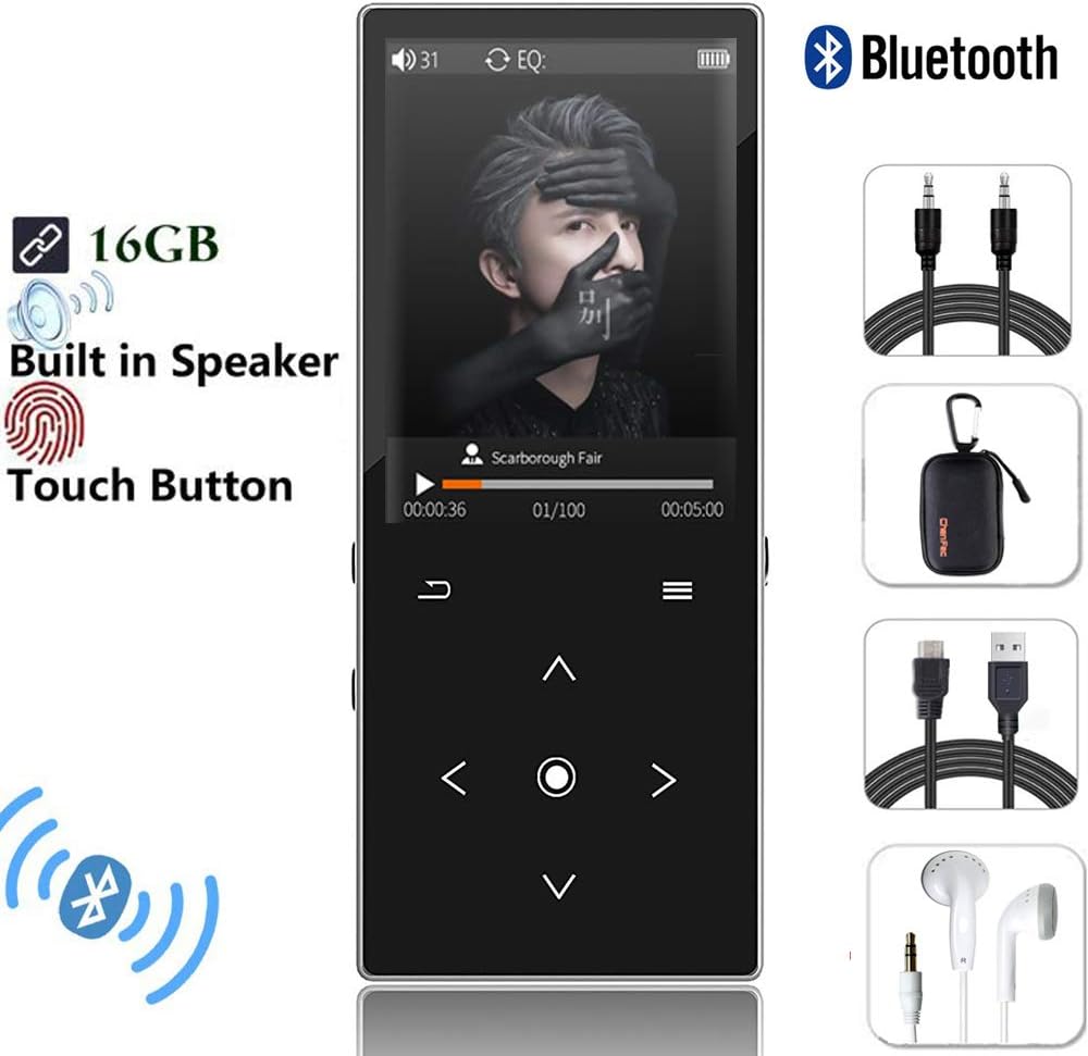 CCHKFEI 16GB Bluetooth MP3 Player Touch HiFi Music Player 1.8 Inch Screen with Bluetooth and Speaker FM radio and Voice Recorder Audio Player for Kids