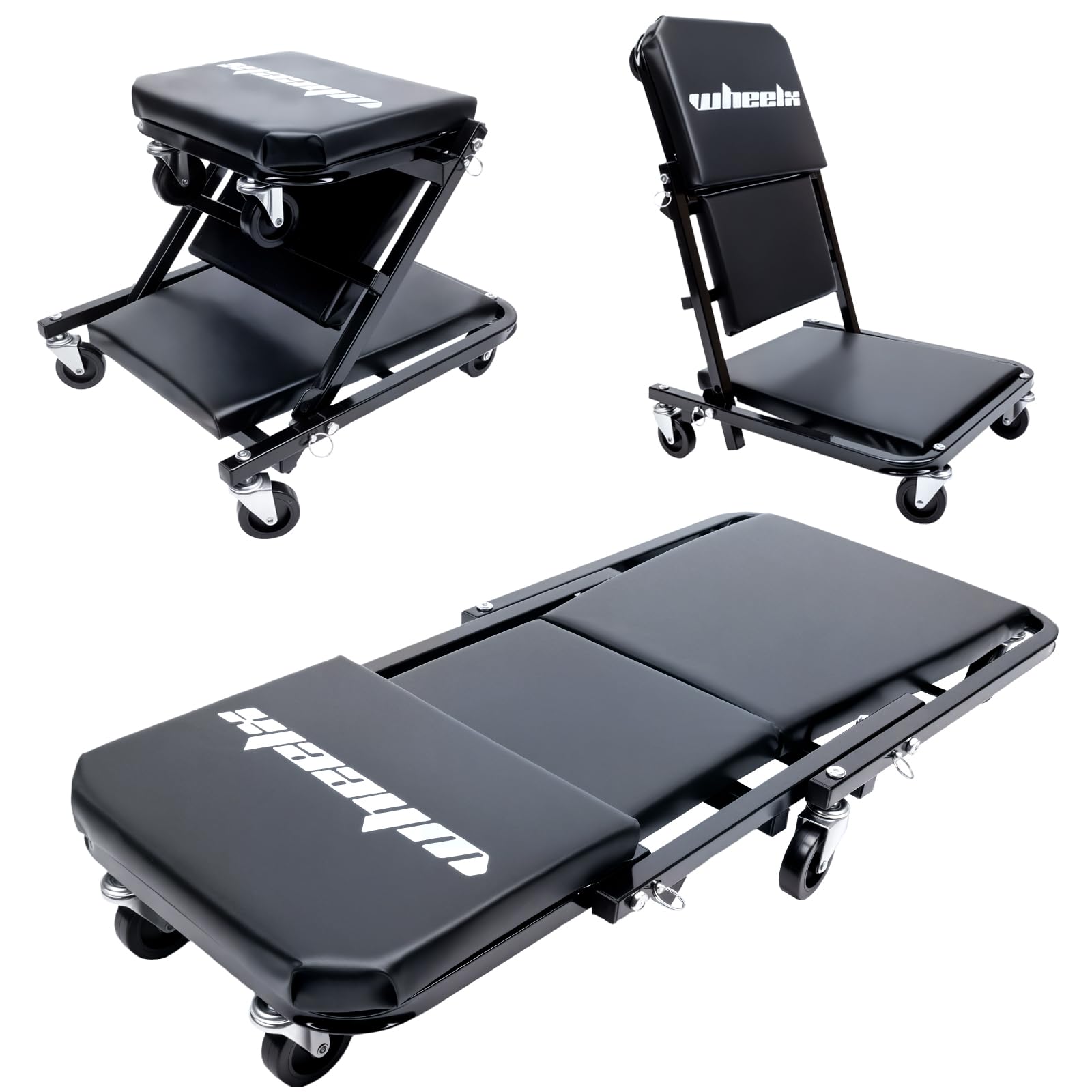 Photo 1 of WheelX Mechanic Creeper 36 inches 3-in-1 Mode Z Seat 340lbs Capacity, Foldable Garage Adjustable Rolling Folding with 6pcs Wheels Roller, Lay Down Sit Lean Back, Under Car Auto Repair, Black, Man Gift