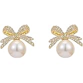 Qiansail Valentines Day Gifts for Her - Bow Earrings for Women, Gold Pearl Pendant Stud Earring Elegant Bowknot Preppy Jewelry Gifts Stocking Stuffers