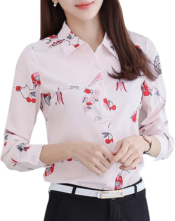 Amazon Asherangel シフォンシャツ レディース ブラウス ダウンシャツ 開襟シャツ 猫柄 マンガ小物 プリント 小柄 通勤 カジュアル かわいい ボタン 長袖 シャツ ブラウス 通販