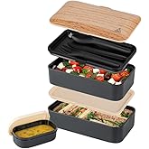 Restaurantware Bento Tek 40.5 Ounces Stackable Lunch Box 1 Reusable Adult Lunch Container - With Utensils Sauce Cup Wood Grain & Black Plastic Layered Lunch Box Microwavable Dishwashable