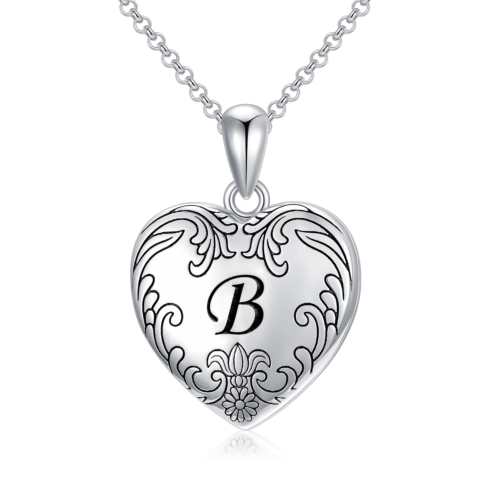 SOULMEET 18K White Gold Plated Silver Cameo Initial Heart Locket Necklace That Holds Pictures Photo Locket Necklace Alphabet B (Locket only),Gift for Women Girls