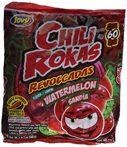 Jovy Chili Rokas Revolcadas Watermelon Flavored Chili Covered and Filled Hard Candies, Dulces De Sandia Cubierto Y Relleno Con Chili, 60 Count Bag (Pack of 2) 120 TOTAL CANDIES