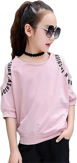 Amazon Godlovefull 女の子 キッズ オフショルダー 半袖 Tシャツ ゆったり ダンス服 ガールズ バットスリーブ 夏 英字 プリント カッコいい ヒップホップ 旅行 Tシャツ カットソー 通販