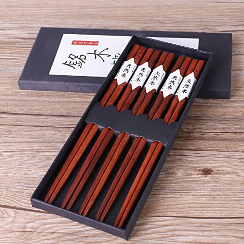 Unichart Chinese Ebony Organic Natural Wood Chopsticks 5 pairs set without paint wax wooden skid by Fine commodities Reusable Dishwasher Safe Khaki (pattern 1)
