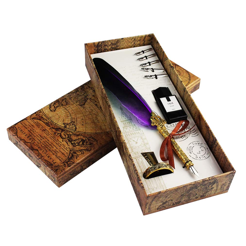 jerbro Quill Pen, Handcrafted Quill Pen and Ink Set, Antique Dip Feather Pen Set Calligraphy Pen Set Writing Quill Ink Dip Pen with Ink Pen Holder Gift Set (Purple)