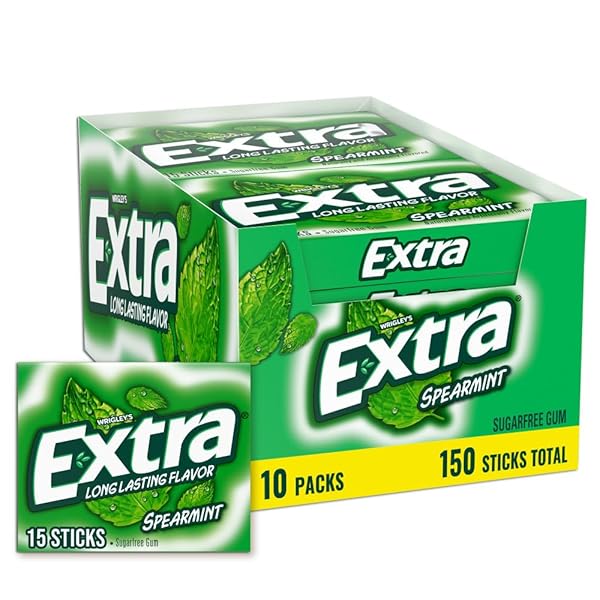 EXTRA GUM SPEARMINT SUGARFREE GUM BULK, INDIVIDUALLY WRAPPED, PERFECT FOR FRESH BREATH AT SCHOOL, WORK, AND TRAVEL 15 COUNT, PACK OF 10