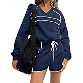 Fisoew Womens Sweatsuits 2 Piece Outfits V Neck Fleece Sweatshirts Contrast High Waisted Shorts Casual Tracksuits Lounge Sets