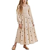 Sunny Spirit Girls Dresses Spring Maxi Tween Boho Floral Long Puff Sleeves Square Neck Embroidered Smocked Dresses 5-14 Years