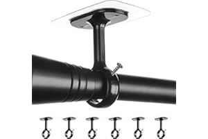 ANTIMBEE 6-Pack No Drill Ceiling Curtain Rod Brackets Holder, Adhesive No Screw No Damage Rods Hooks Holder, No Drilling Stick Heavy Duty Black Curtain Hangers for Living Room, Bathroom, Kitchen