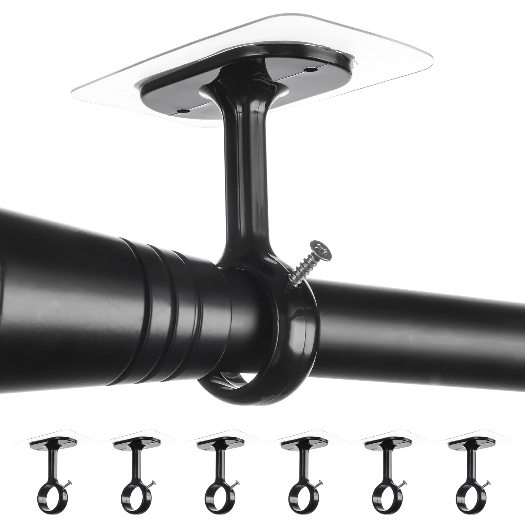 Photo 1 of 6-Pack No Drill Ceiling Curtain Rod Brackets Holder, Adhesive No Screw No Damage Rods Hooks Holder, No Drilling Stick Heavy Duty Black Curtain Hangers for Living Room, Bathroom, Kitchen