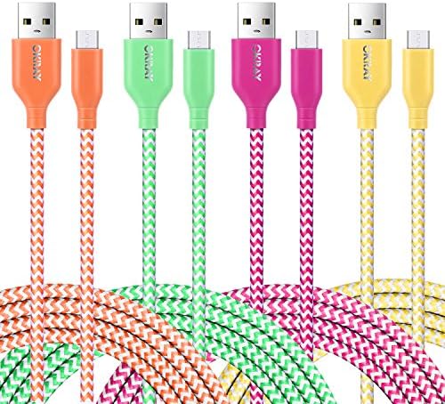 OKRAY 4 Pack 6ft 1.8M Braided Nylon Tangle-Free Micro USB 2.0 Charge Cable Charger High Speed Sync Charging Cord Compatible Android, Samsung, HTC, Nexus, Sony, Nokia, LG(Orange Green Yellow Hot-Pink)