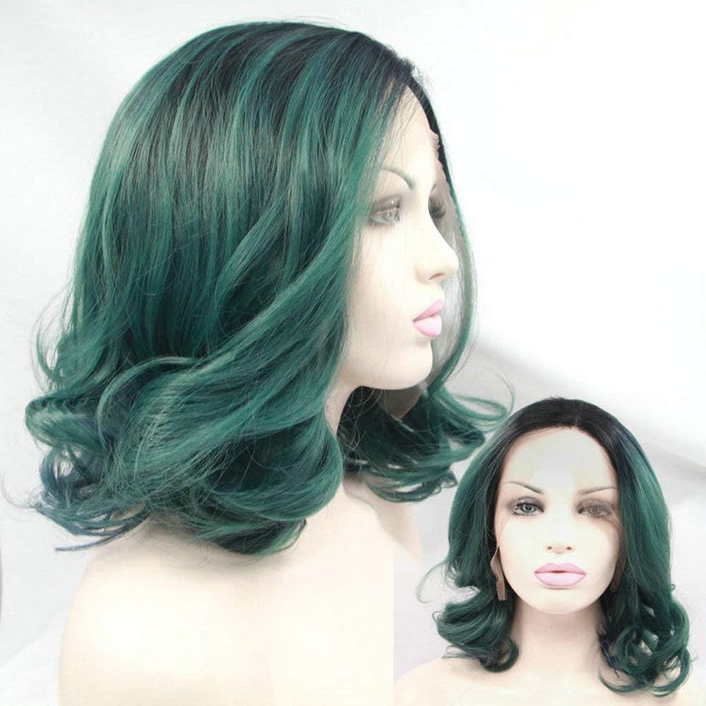 SereneWig Black Green Bob Lace Front Wigs for Women Best Green Teal Ombre with Dark Roots Wigs uk Loose Curly Side Parted Heat Resistant 14Inches Haircut