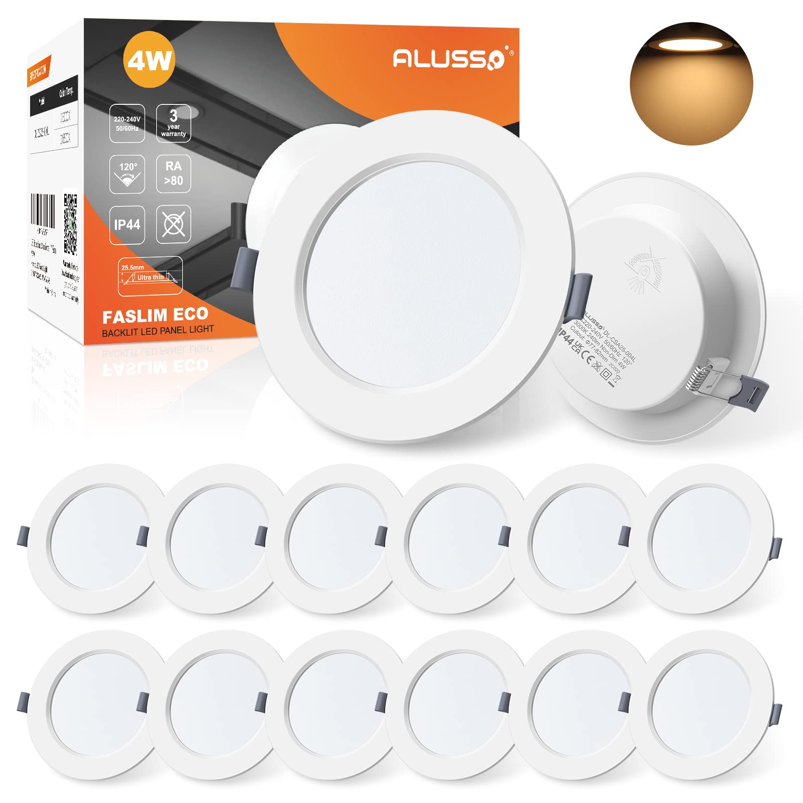 ALUSSO LED Downlights Ceiling 4W Ultra Slim LED Recessed Ceiling Lights IP44 Spotlights Ceiling Lights 3000K Warm White Ceiling Spots for Bathroom Kitchen Living Room, 12 Pack