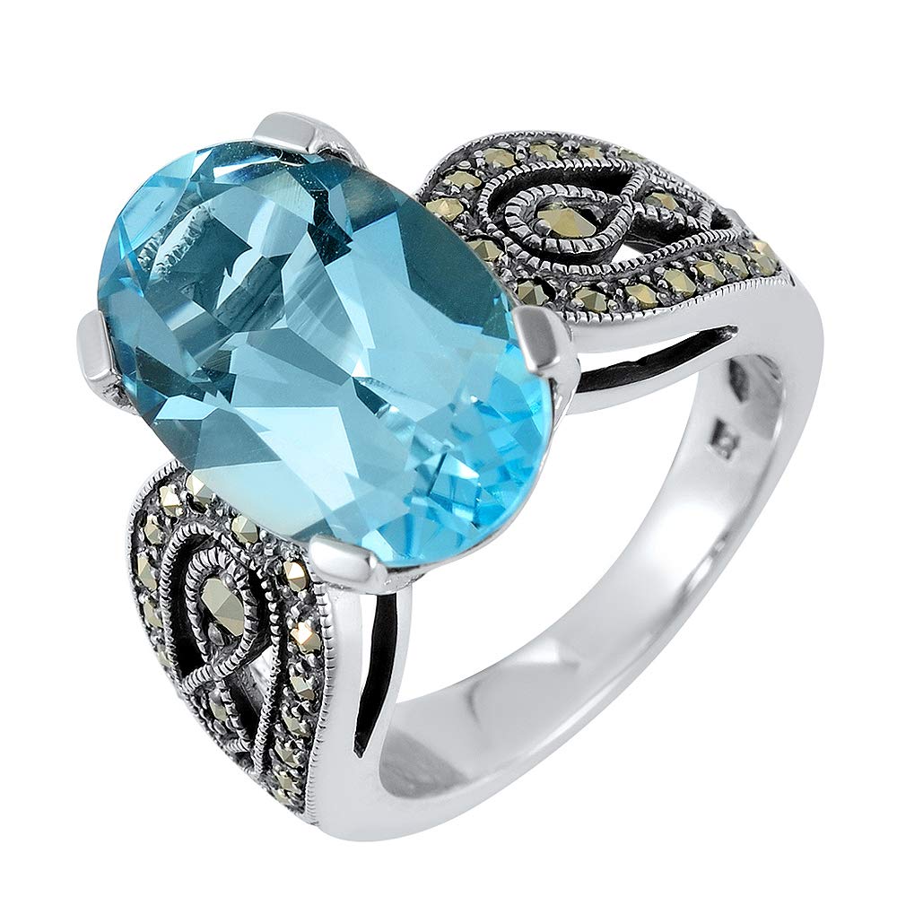 Esse Marcasite Sterling Silver Large Oval 8.66ct Blue Topaz and Marcasite Dress Ring (N)