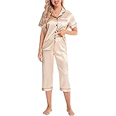 SWOMOG Satin Pajama Set Women Silk Pjs Set Short Sleeve 2 Piece Button Down Sleepwear Lounge Sets
