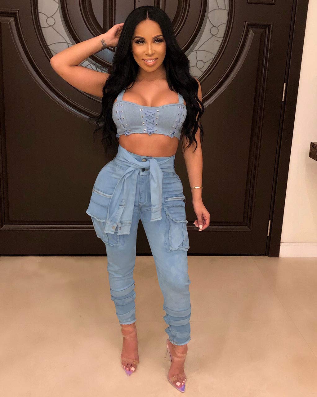 Ophestin Women\'s Ripped Jeans Pencil Pants Denim Pants High Waisted Skinny Leggings Trousers Blue