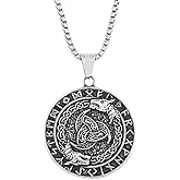 Viking Norse Pendant Necklace, Silver, Rune Symbols with Celtic Knot Design, Round Medallion with Chain (Round)