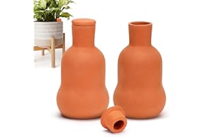 EBRISTAR Terracotta Watering Pots with Lid, Set of 2 Slow Release Terra Cotta Self Watering Globes, Clay Root Watering Pot, Holds 15 Oz Water Automatic Watering System for Potted Plants While On Vacation