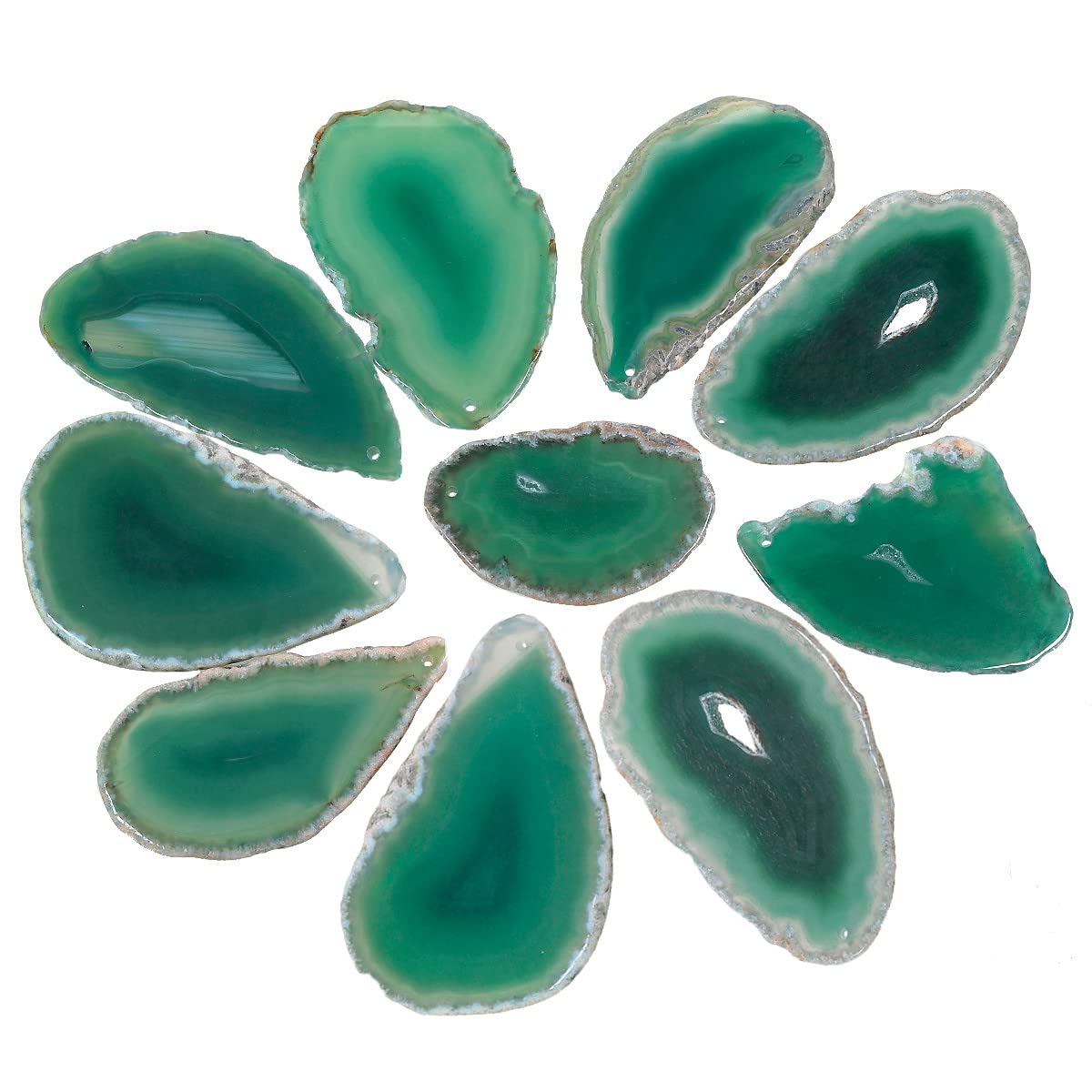Nupuyai 10pcs Green Top Drilled Agate Slices, Irregular Polished Geode Agate Stone Pendant for Jewellery Making DIY Artwork, Slab Name Place Cards Set