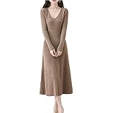 Ailaile Women's Sweater Dress 100% Merino Wool Pullover Long Sleeve V Neck Knitted Slim Tops