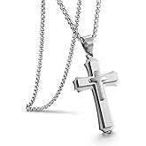 PESOENTH Mens Cross Necklace for Men,Stainless Steel Silver Cross Crucifix Pendant Chain Men's Necklace Jewelry Christian Gifts For Men