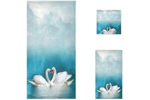 Naanle Beautiful Lake Couple White Swan Soft Luxury Decorative Set of 3 Towels, 1 Bath Towel+1 Hand Towel+1 Washcloth, Multipurpose for Bathroom, Hotel, Gym, Spa and Beach