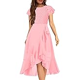HOSIKA Girls Vintage Lace Chiffon Ruffle Sleeve A-Line Wedding Party Junior Bridesmaid Dress for Kids 6-12 Years