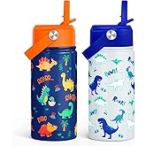 SANDJEST Dinosaur Kids Water Bottle with Straw Lid, Pack of 2 Insulated 12 Oz Stainless Steel Water Bottles for Boys, Travel Cup for School Sports