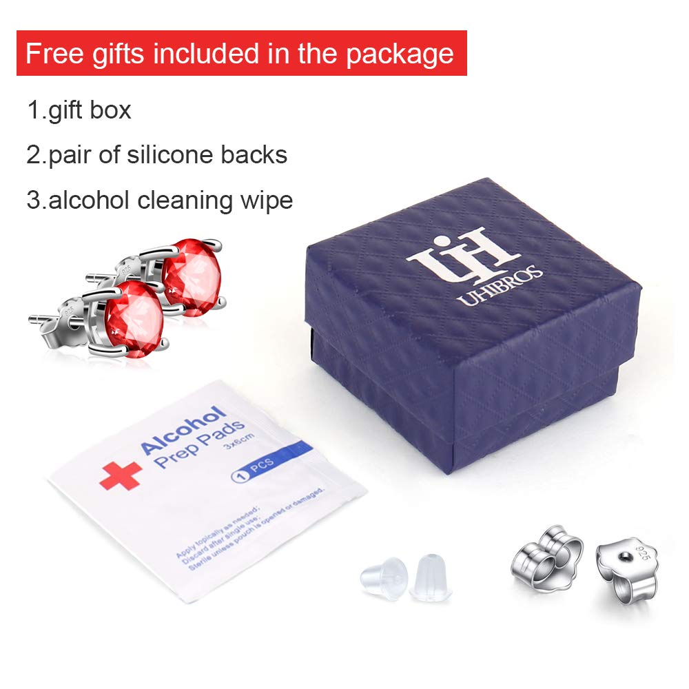 Stud Earrings, UHIBROS Hypoallergenic Silver Ear Stubs Birthstone Round Cubic Zirconia Diamond Earrings (July-Ruby-1)