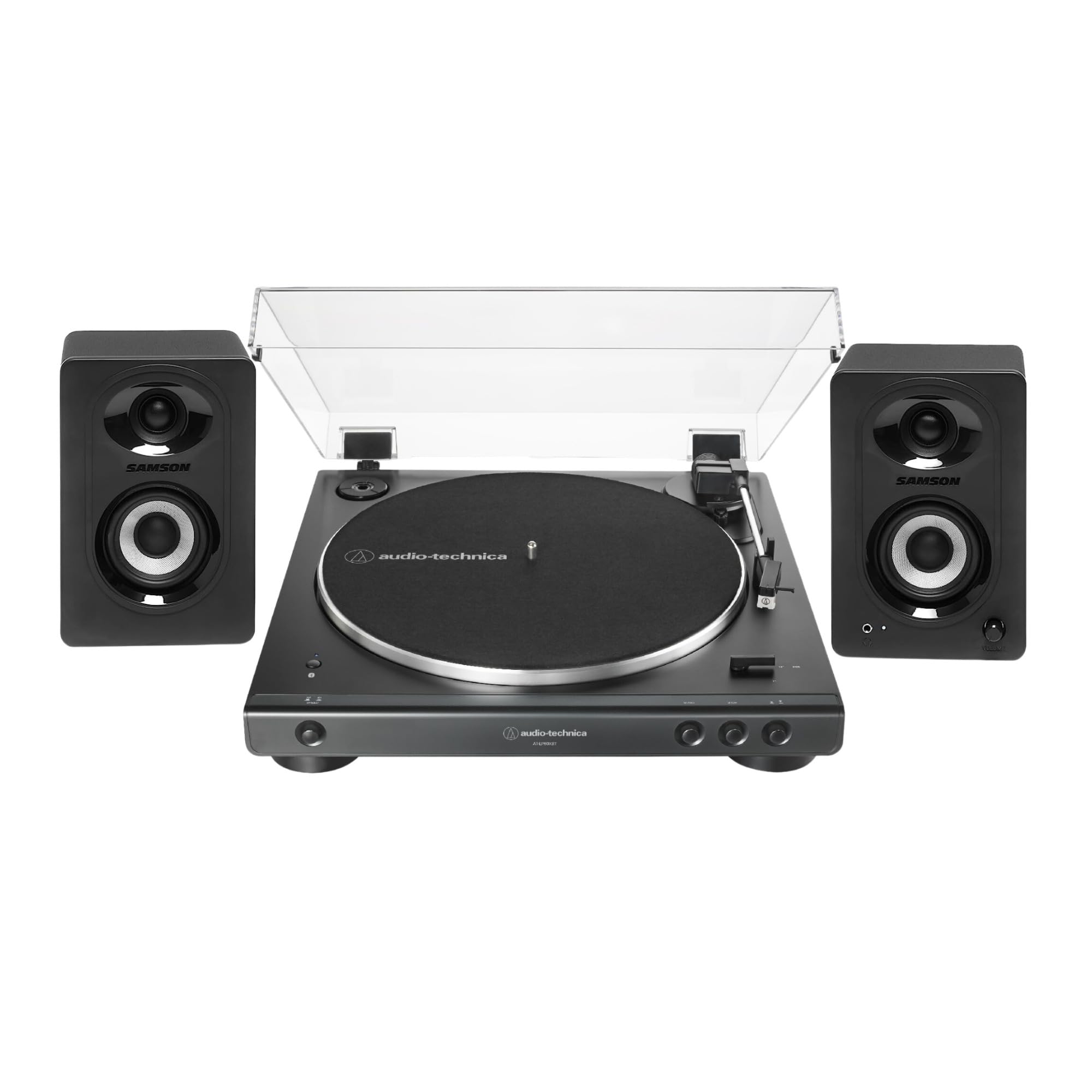 Audio-Technica AT-LP60XBT Tocadiscos estéreo con transmisión por correa Bluetooth totalmente automático con cubierta antipolvo, paquete de plato de aluminio fundido con monitores Bluetooth Studio de 20 W de 3 pulgadas, par (2 artículos)