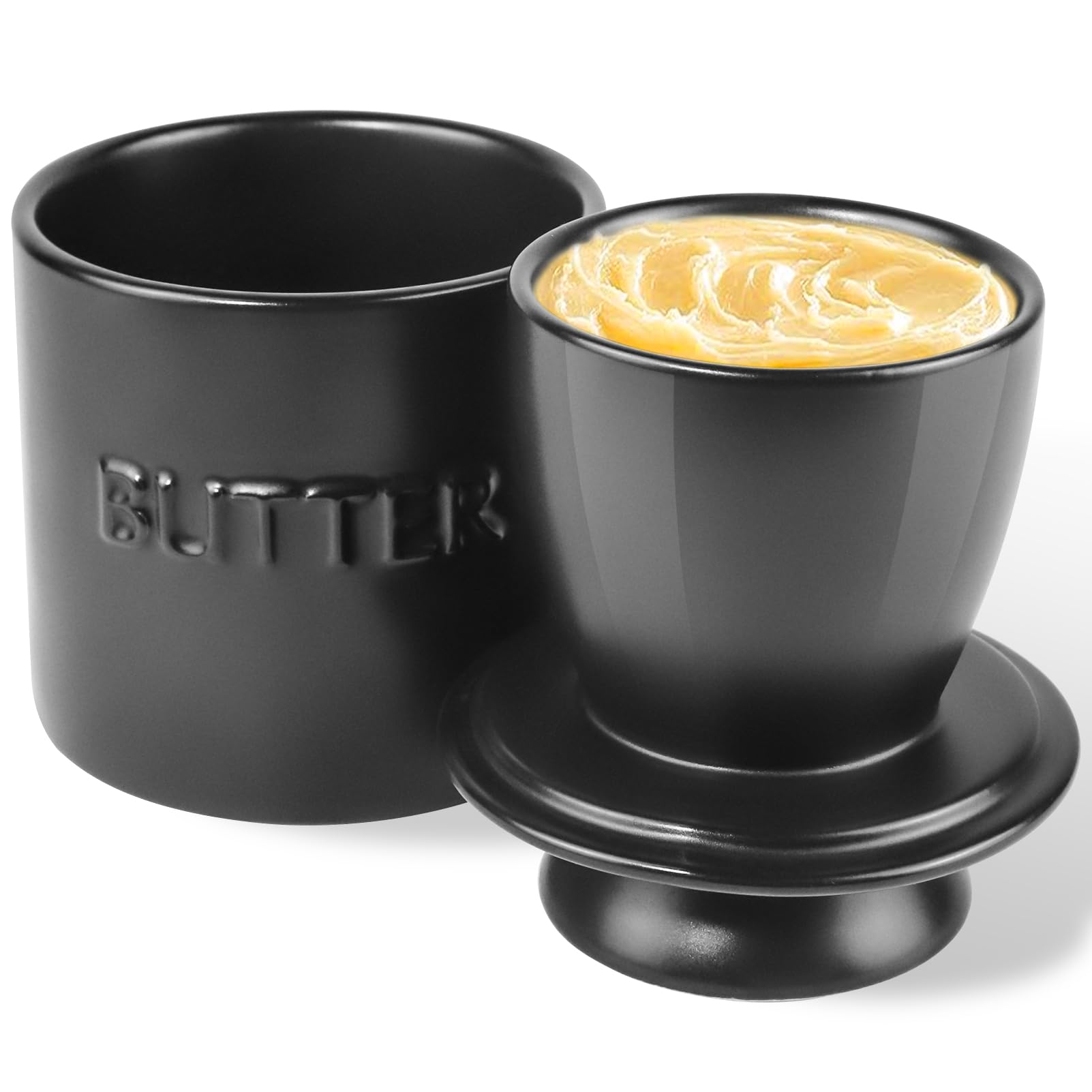 QIAMO Butter Crock with Lid, Ceramic French Butter Dish for Enjoying Fresh and Spreadable Butter, Minimal Gray Design Suitable for Home (Black)