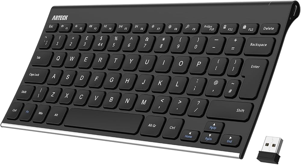 Arteck 2.4G Wireless Keyboard Stainless Steel Ultra Slim Full Size USB Receiver