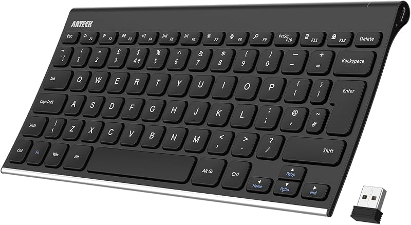 Arteck 2.4G Wireless Keyboard Stainless Steel Ultra Slim Full Size USB Receiver