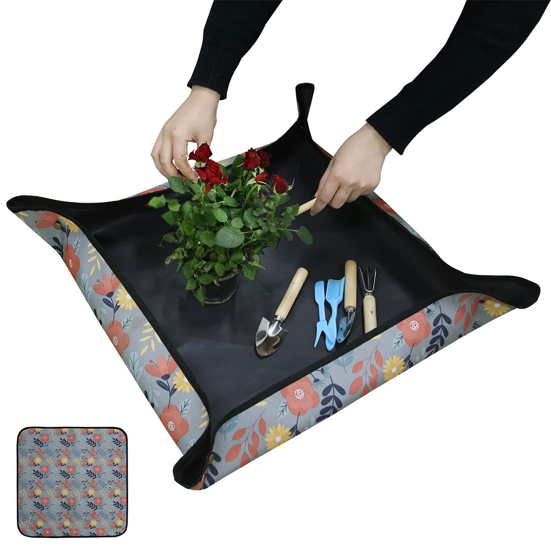 Upgraded Flower Gardening Plant Repotting Mat, 30 * 30inch Foldable Waterproof Bonsai Transplanting Pad Dirty Catcher Mix Soil for Indoor Garden Succulent Plant Care (Grey based Print Flower)