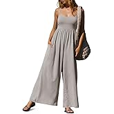 Fisoew Womens Summer Jumpsuits One Piece Casual Loose Overalls Spaghetti Strap Wide Leg Rompers with Pockets Workout Outfits
