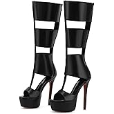 FancyQueen Platform Knee High Sandals for Women, Gladiator Open Toe Summer Booties Black Heels Sandal Boots, Sexy Style Casual for Party