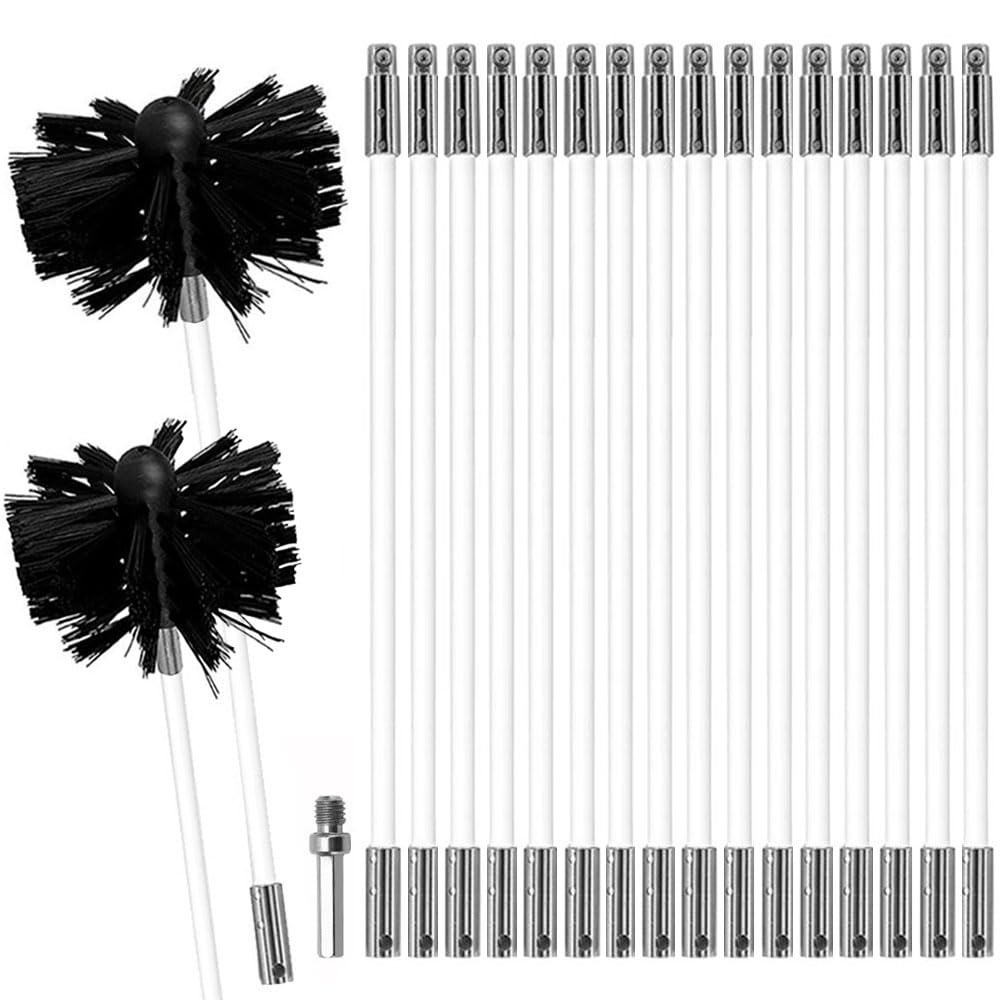 MOCNT Chimney Cleaning Brush Kit Nylon Rotary Duct Vent Cleaning Set Flexible Chimney Sweep Kit for Fireplace Dryer Vent 18 Flexible Rods 1 Brush Head 150mm 1 Brush Head 100mm