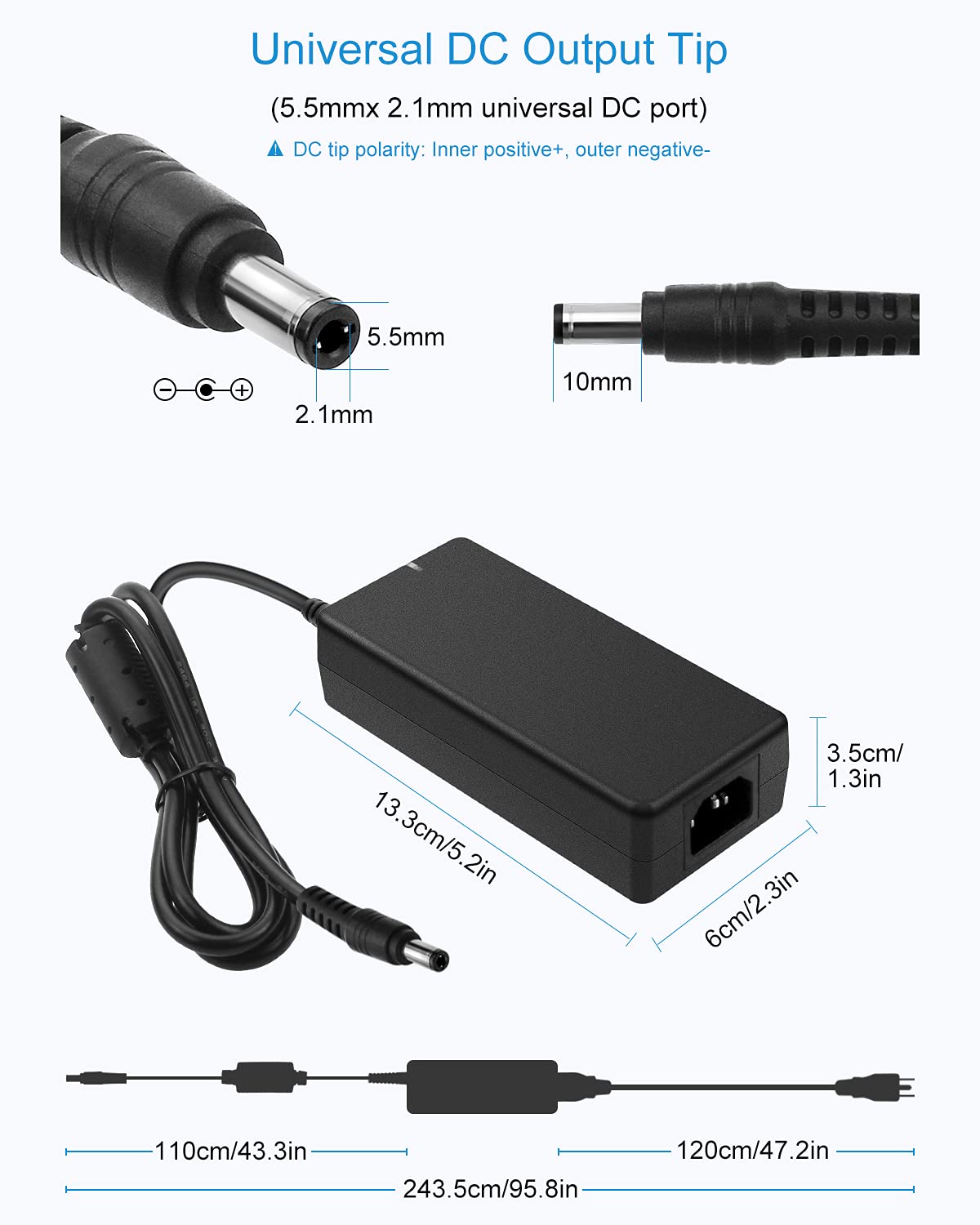 ALITOVE 24V Power Supply 4A 96W AC/DC Adapter 100-240V AC to DC 24 Volt Converter 4amp 3.75A 3.5A 3.3A 3.2A Transformer 5.5x2.5mm for LED Strip CCTV Camera LCD Monitor Massage Chair