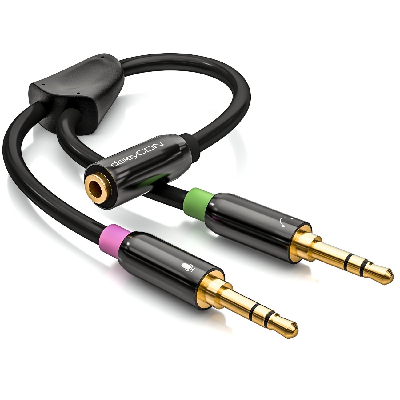deleyCON Headset PC Laptop Adapter - Audio Jack Y Adapter Cable Stereo - 1x 3.5mm Jack Female to 2x 3.5mm Jack Plug - Smartphone Headset to PC or Laptop