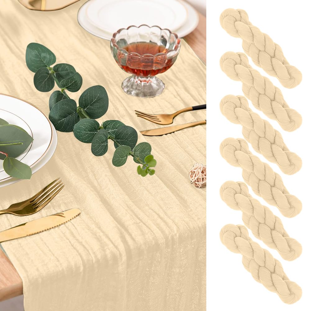 AUAUY 6 Pack Boho Gauze Fabric Cheesecloth Table Runner, 90x300cm Beige Rustic Cheese Cloth for Baby Shower Decoration Wedding Holiday Party Summer